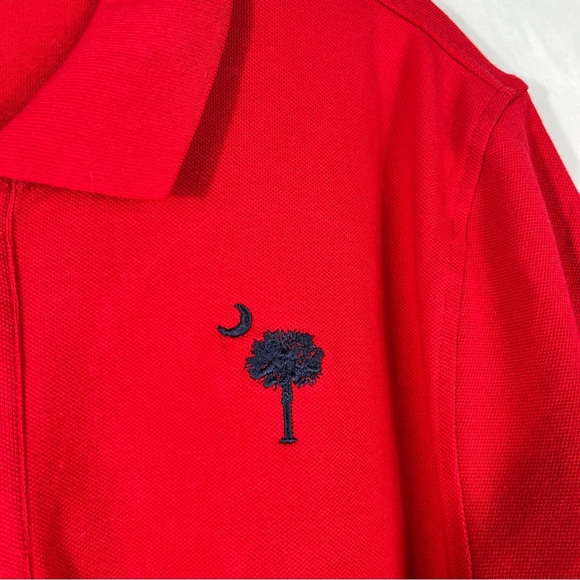 Lands End Tailored Fit Red & Navy Blue Palm Tree Embroidered Polo Shirt Large L - Picture 2 of 4